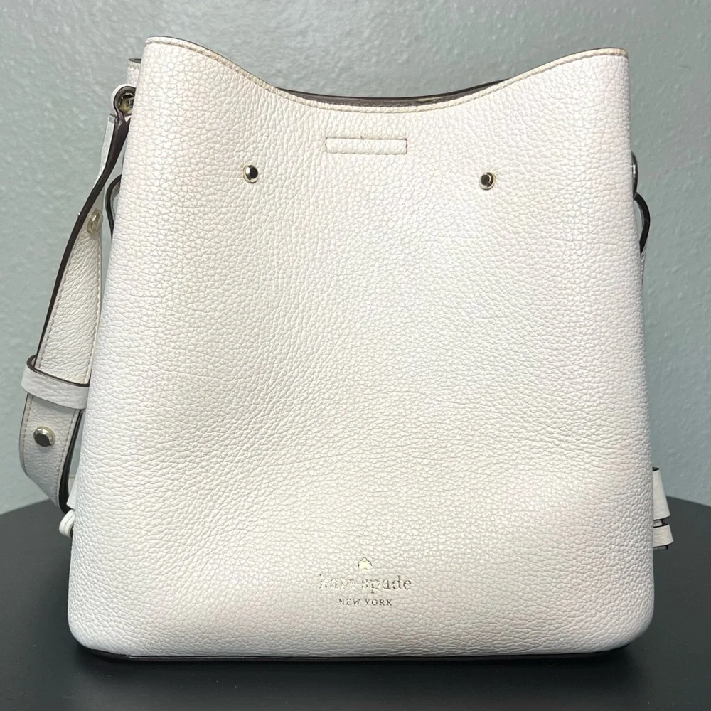 Kate Spade Marti Genuine Pebbled Leather Bucket Bag White Purse Silver Hardware
